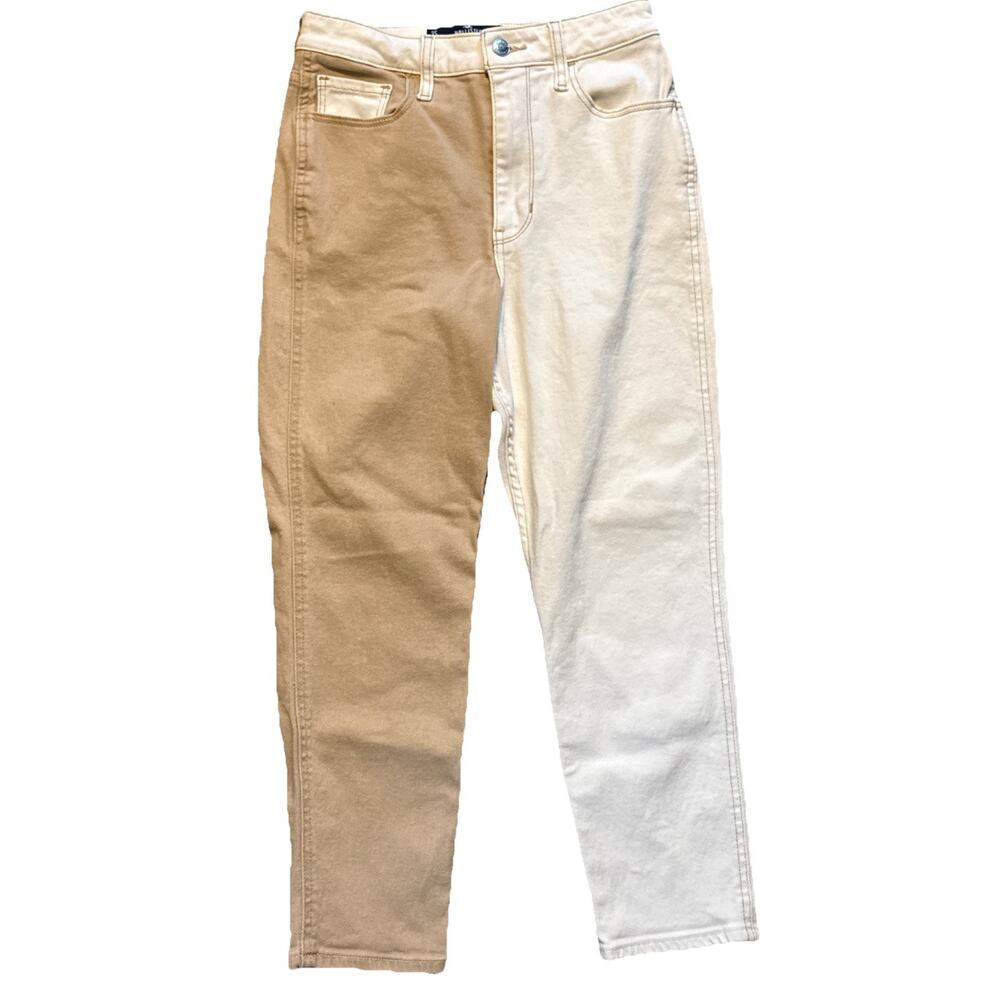 Hollister Ultra High-Rise Mom Jeans size 3S 26x25 Patchwork Colorblock Tan White
